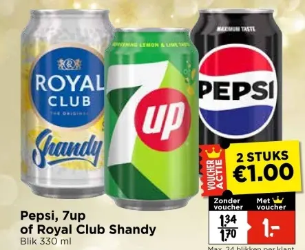 Aanbieding: Pepsi, 7up of Royal Club Shandy
