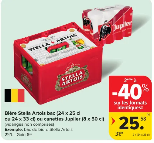 Offre: Bière Stella Artois bac ou canettes Jupiler