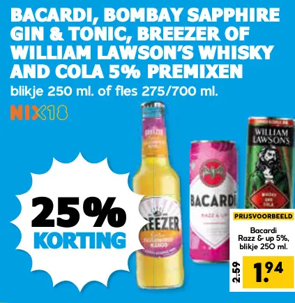 Aanbieding: Bacardi, Bombay Sapphire Gin & Tonic, Breezer of William Lawson's Whisky and Cola 5% premixen