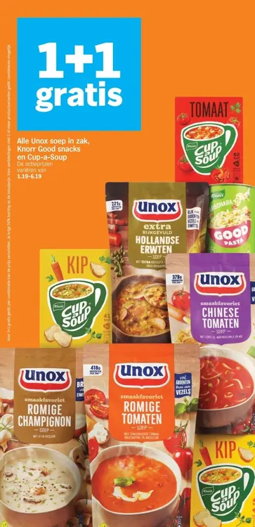 Aanbieding: Alle Unox soep in zak, Knorr Good snacks en Cup-a-Soup
