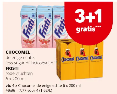 Promotie: CHOCOMEL de enige echte, less sugar of lactosevrij of Fristi