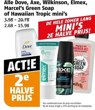 Aanbieding: Alle Dove, Axe, Wilkinson, Elmex, Marcel's Green Soap of Hawaiian Tropic Mini's