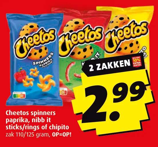 Aanbieding: Cheetos spinners paprika, nibb it sticks/rings of chipito