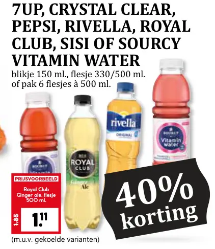Aanbieding: 7UP, Crystal Clear, Pepsi, Rivella, Royal Club, Sisi of Sourcy Vitamin Water