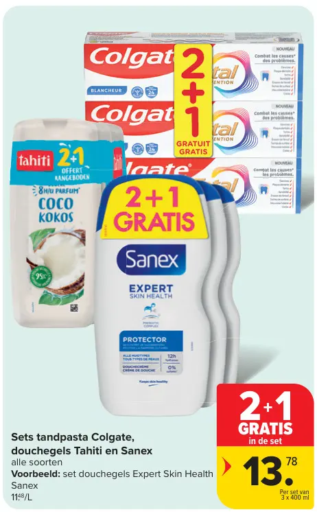 Promotie: Sets tandpasta Colgate, douchegels Tahiti en Sanex