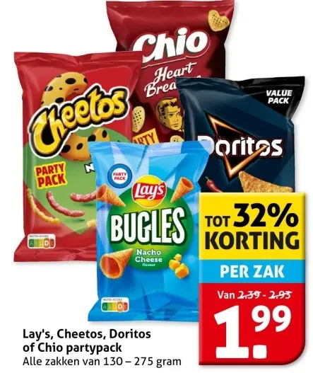 Aanbieding: Lay's, Cheetos, Doritos of Chio partypack