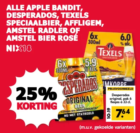 Aanbieding: Alle Apple Bandit, Desperados, Texels Speciaalbier, Affligem, Amstel Radler of bier rosé