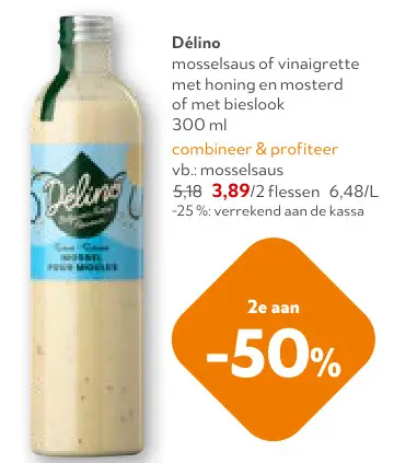 Promotie: Délino mosselsaus of vinaigrette met honing en mosterd of met bieslook