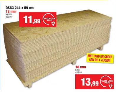 Promotie: OSB 3 met tand & groef 244x59 cm 12mm