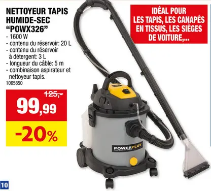 Offre: Powerplus POWX326 aspirateur/nettoyeur de tapis avec sac humide/sec 1600W 20l