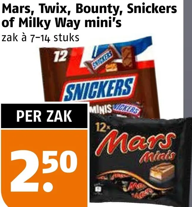 Aanbieding: Twix, Bounty, Snickers of Milky Way mini's