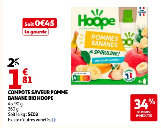 Offre: Compote saveur pomme banane bio
