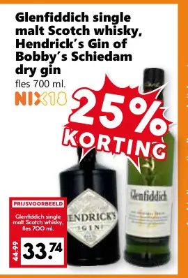 Aanbieding: Glenfiddich single malt Scotch whisky, Hendrick's Gin of Bobby's Schiedam dry gin