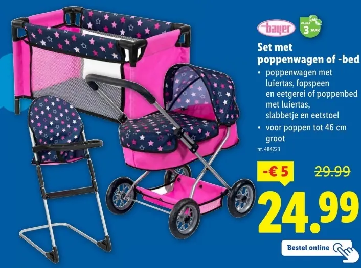 Aanbieding: Set met poppenwagen of -bed