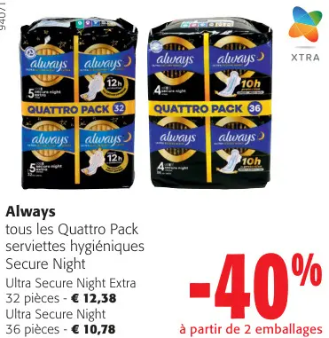Offre: Tous les Quattro Pack serviettes hygiéniques Secure Night