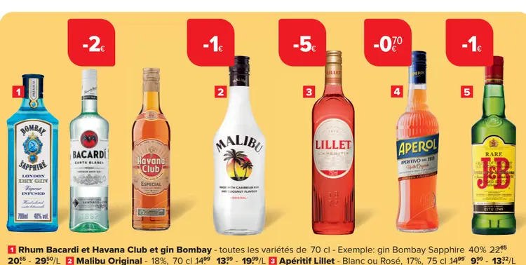 Offre: Rhum Bacardi et Havana Club et gin Bombay