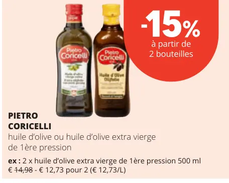 Offre: Pietro Coricelli huile d'olive ou huile d'olive extra vierge de 1ere pression