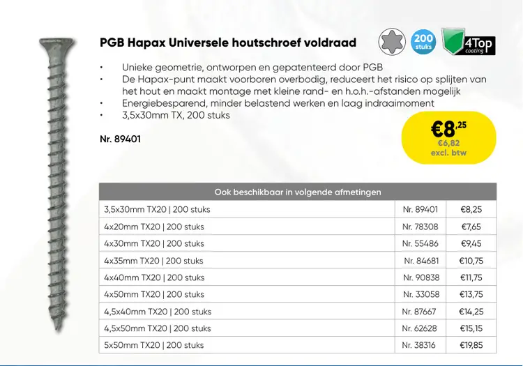 Promotie: PGB Hapax Universele houtschroef voldraad