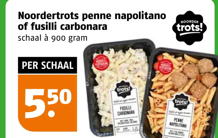 Aanbieding: Penne napolitano of fusilli carbonara