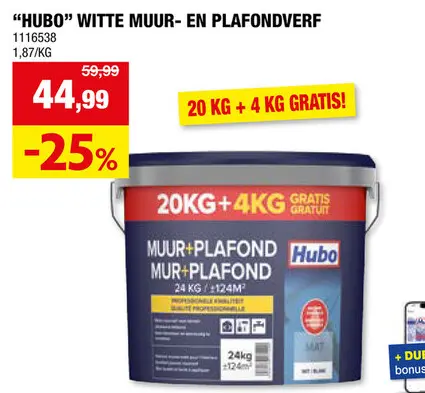 Promotie: Hubo muur- en plafondverf 24kg mat wit