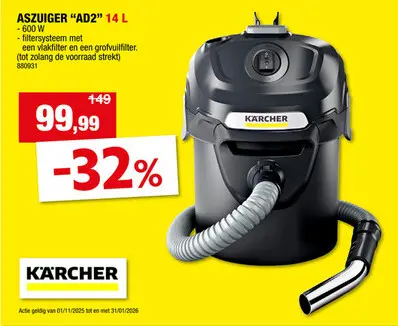 Promotie: Karcher AD2 as- en droogzuiger 600W 14l