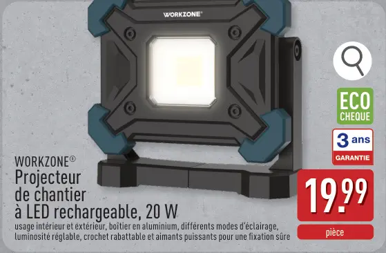 Offre: Projecteur de chantier à LED rechargeable, 20 W