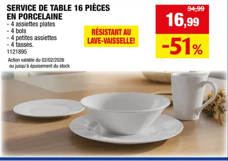 Offre: Service table porcelaine blanc set de 16