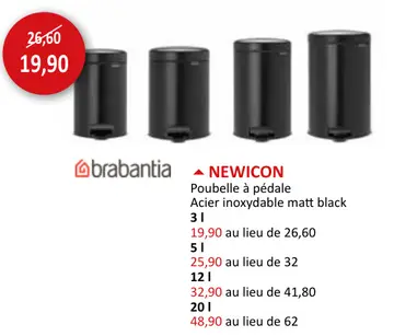 Offre: Poubelle à pédale NewIcon Brabantia 3L matt black