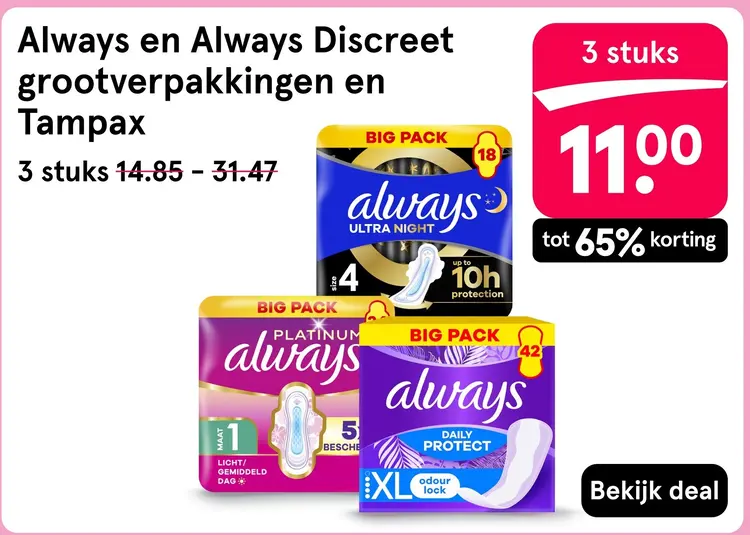 Aanbieding: Always en Always Discreet grootverpakkingen en Tampax