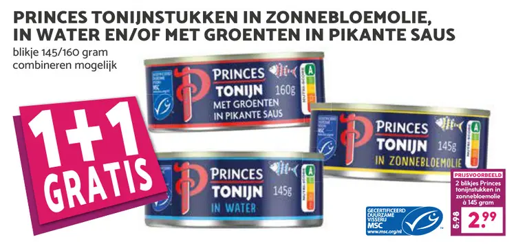Aanbieding: Tonijnstukken in zonnebloemolie, in water en/of met groenten in pikante saus