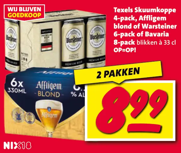 Aanbieding: Texels Skuumkoppe, Affligem blond or Warsteiner 6-pack of Bavaria 8-pack