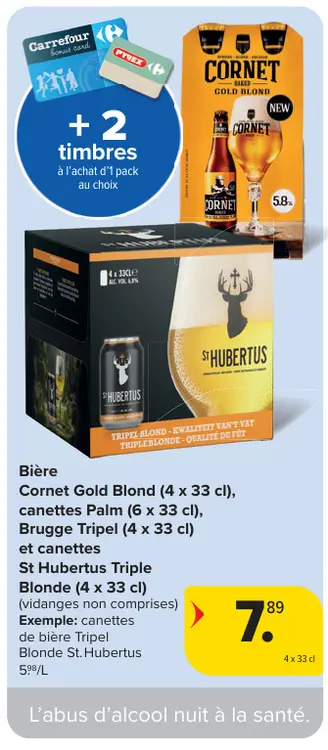 Offre: Bière Cornet Gold Blond, canettes Palm, Brugge Tripel et canettes St Hubertus Triple Blond