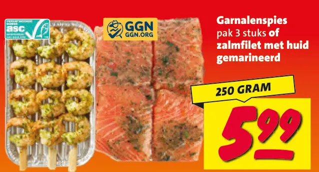 Aanbieding: Garnalenspies of zalmfilet met huid gemarineerd
