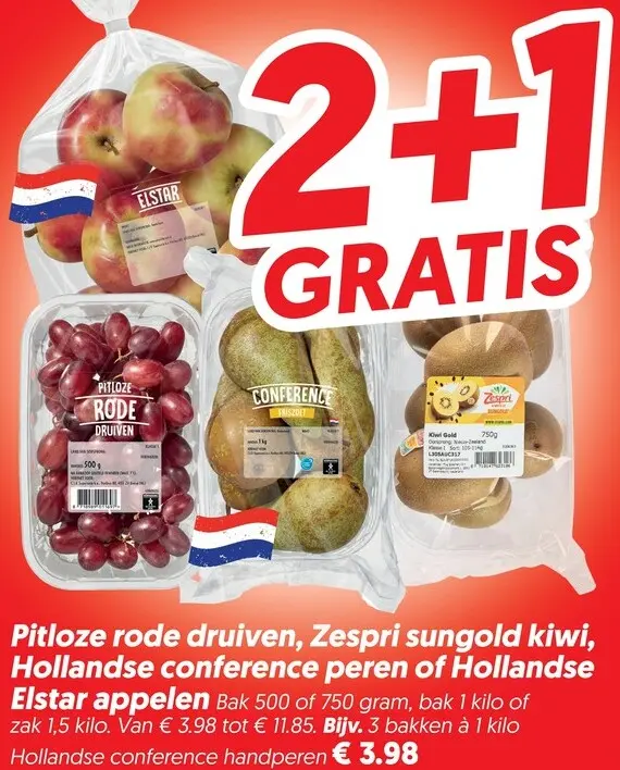 Aanbieding: Pitloze rode druiven, Zespri sungold kiwi, Hollandse conference peren of Hollandse Elstar appelen