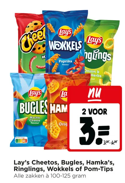 Aanbieding: Cheetos, Bugles, Hamka's, Ringlings, Wokkels of Pom-Tips