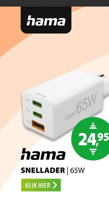 Aanbieding: Hama Fast Charger 2x USB-C PD 1x USB-A QC Mini-Charger 65 W Wit