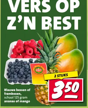 Aanbieding: Blauwe bessen of frambozen, ananas of mango