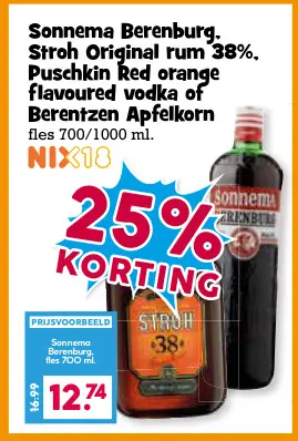 Aanbieding: Sonnema Berenburg, Stroh Original rum 38%, Puschkin Red orange flavoured vodka of Berentzen Apfelkorn