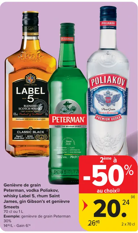 Offre: Genièvre de grain, vodka, whisky, rhum, gin