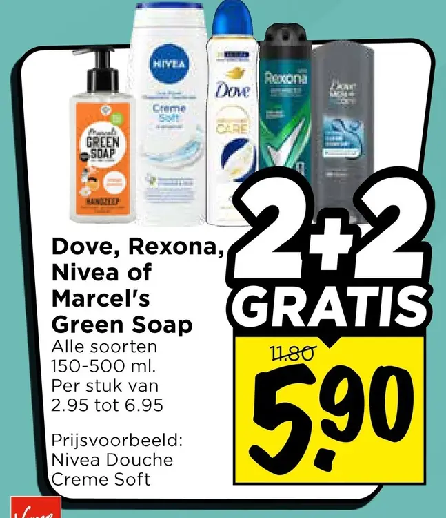 Aanbieding: Dove, Rexona, Nivea of Marcel's Green Soap