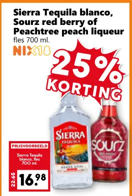 Aanbieding: Sierra Tequila blanco, Sourz red berry of Peachtree peach liqueur