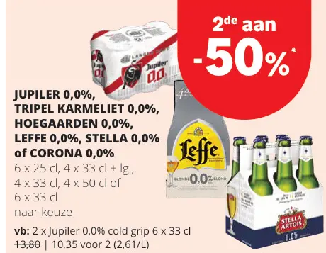 Promotie: Jupiler 0,0%, Tripel Karmeliet 0,0%, Hoegaarden 0,0%, Leffe 0,0%, Stella 0,0% of Corona 0,0%