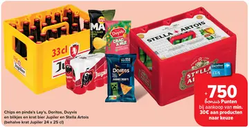 Aanbieding: Chips en pinda's Lay's, Doritos, Duyvis en blikjes en krat bier jupiler en Stella Artois