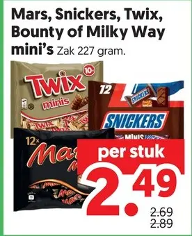 Aanbieding: Mars, Snickers, Twix, Bounty of Milky Way mini's