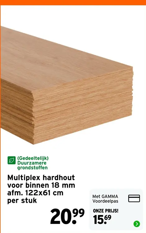 Aanbieding: Multiplex hardhout voor binnen 18 mm afm. 122x61 cm