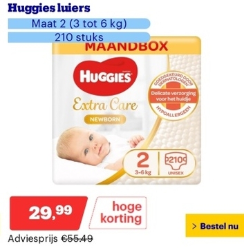 Aanbieding: Huggies luiers - Maat 2 (3 tot 6 kg) - 210 stuks - Newborn - Voordeelverpakking