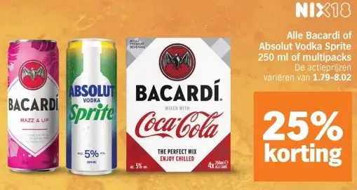 Aanbieding: Bacardi or Absolut Vodka Sprite