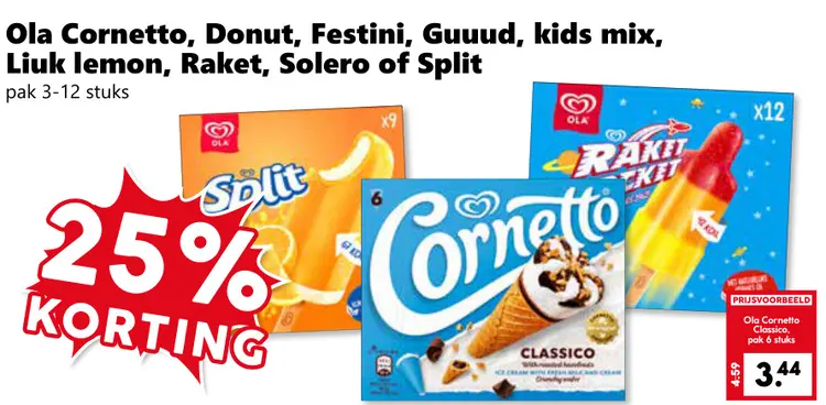 Aanbieding: Cornetto, Donut, Festini, Guuud, kids mix, Liuk lemon, Raket, Solero of Split