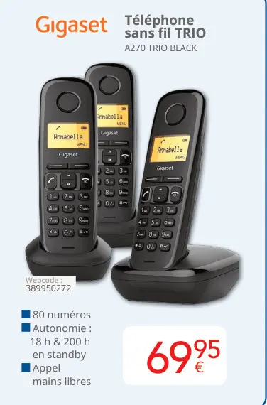 Offre: Téléphone sans fil TRIO A270 TRIO BLACK
