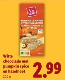 Aanbieding: Witte chocolade met pumpkin spice en hazelnoo